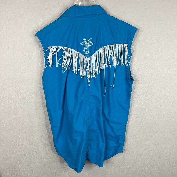 Dakota Rodeo Women Embroidered Button Down Shirt Sleeveless Blue Medium Fringe - Picture 2 of 11